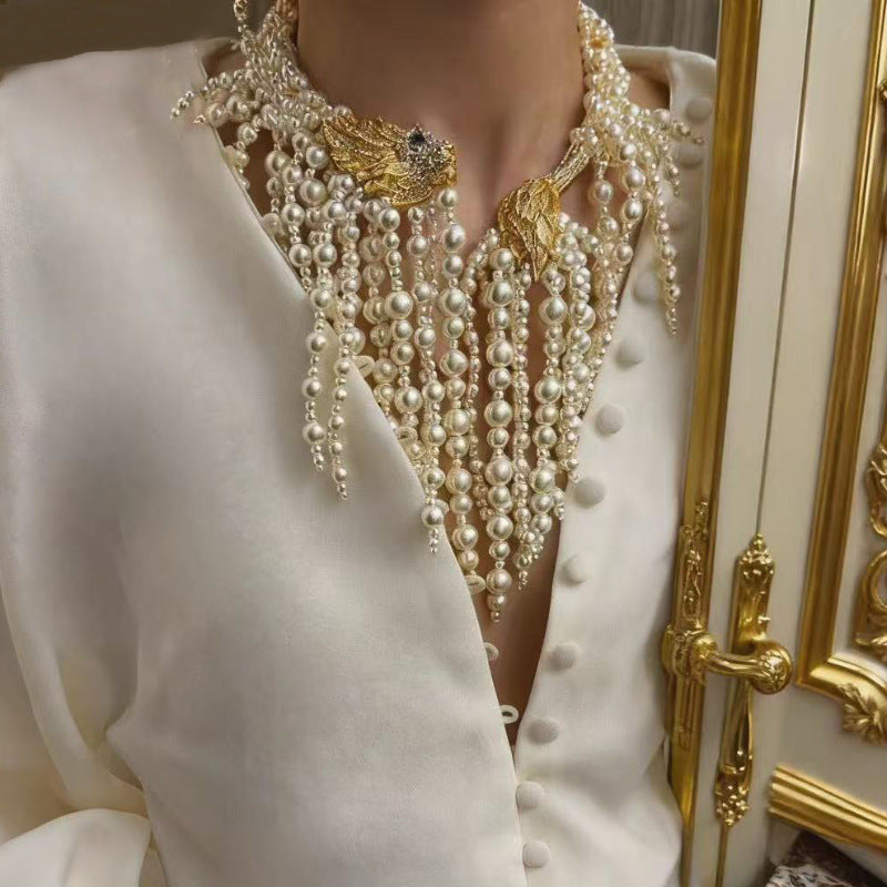 Women's Hand-woven Pearl Tassel Embossed Rhinestone Lion's Head Style Collar