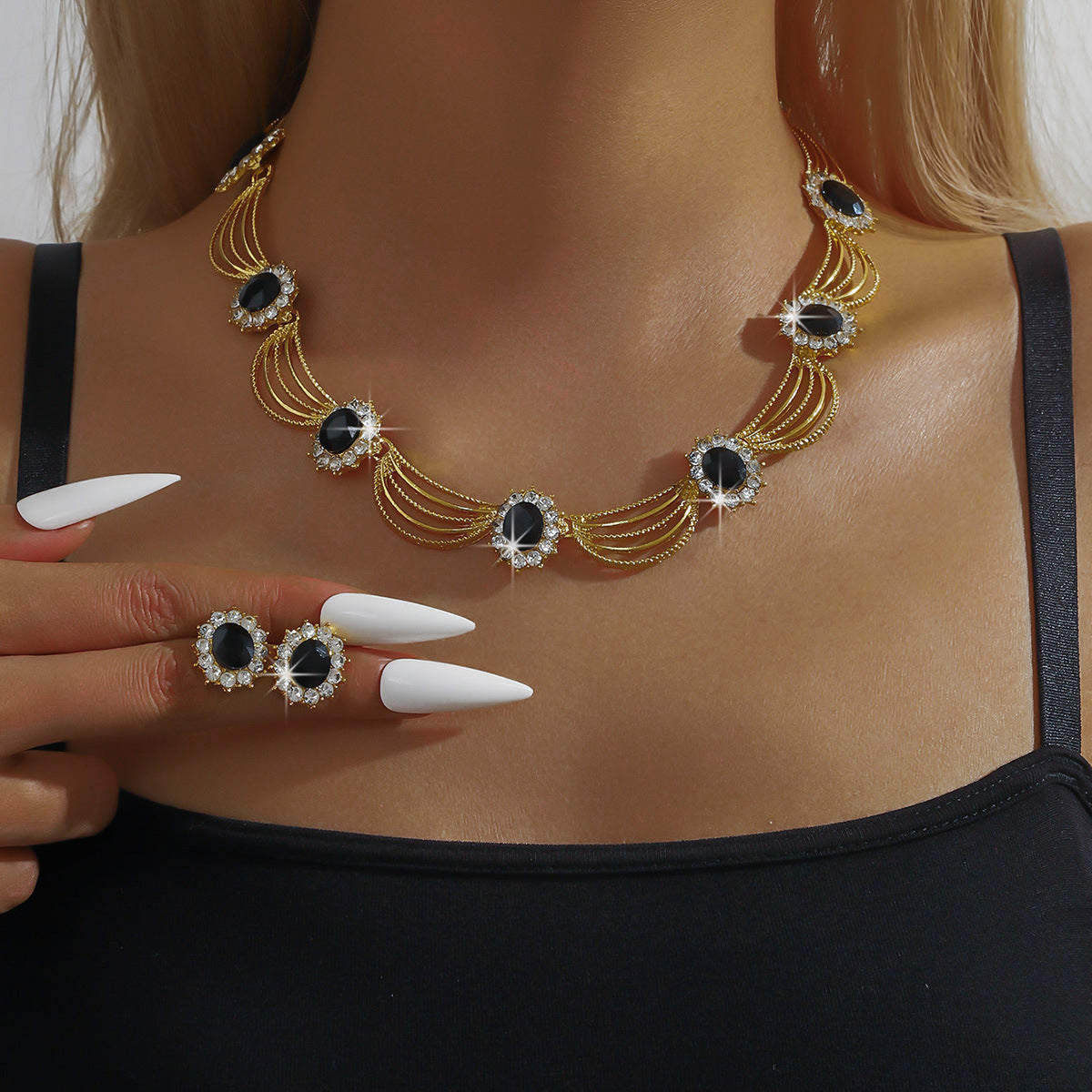 Black Onyx Ear Light Luxury Elegant Clavicle Jewelry Set