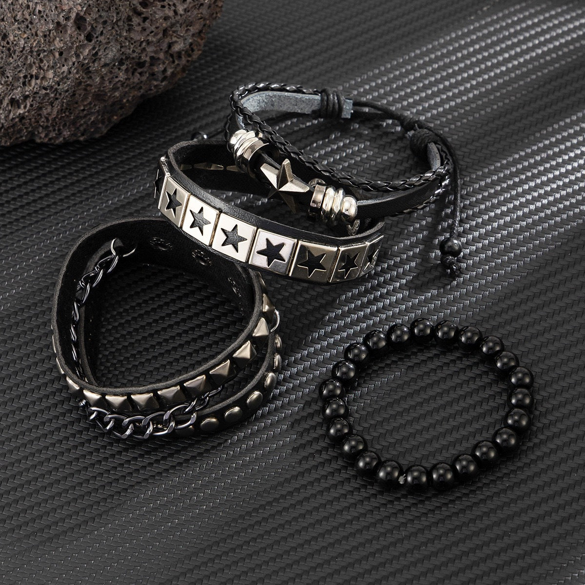 Men's Fashion Five-pointed Star Leather Hip Hop Cool Bracelet
