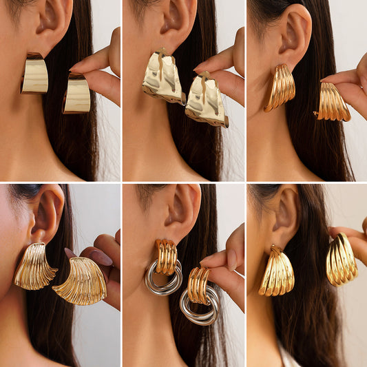 Metal Pleated Exaggerated Irregular Geometric Shaped Stud Earrings