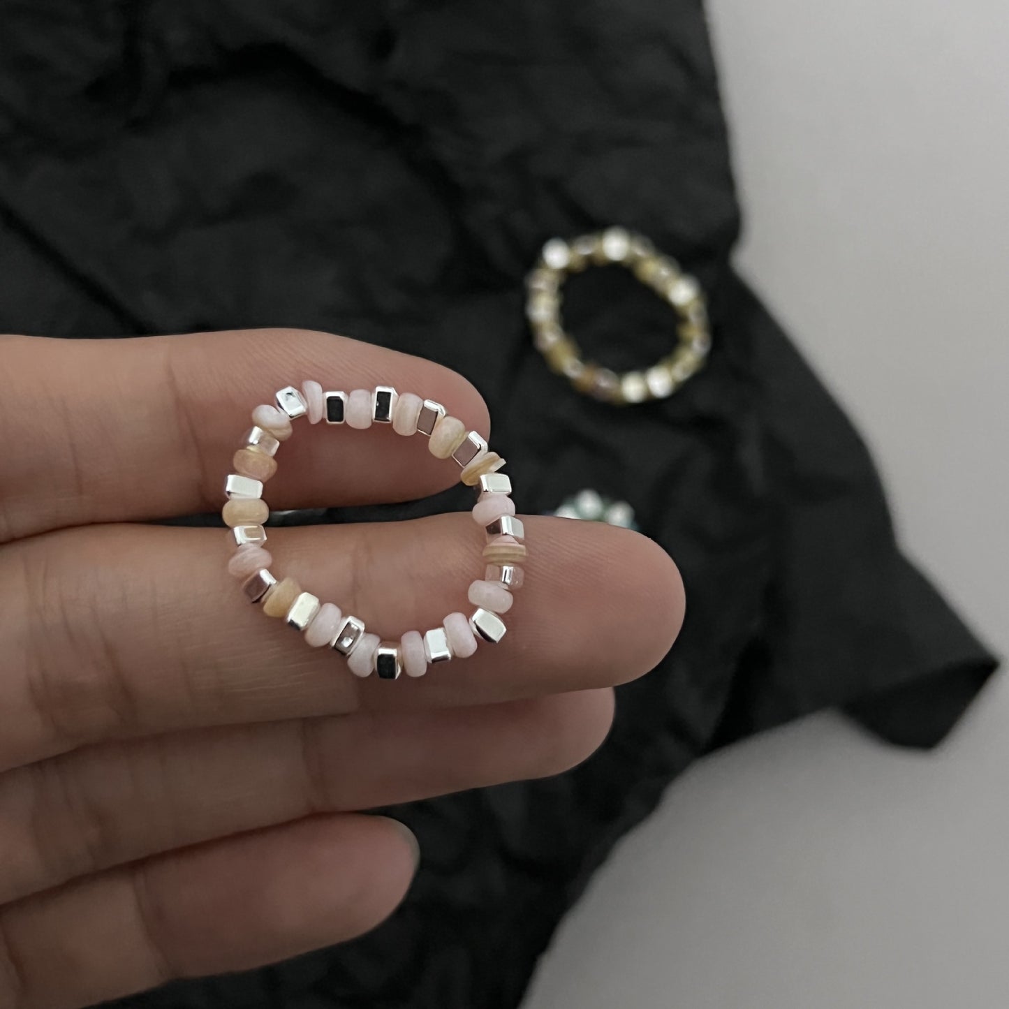 Wind Minority Simple Design Colored Stone Sier Beaded Metal Small Ring