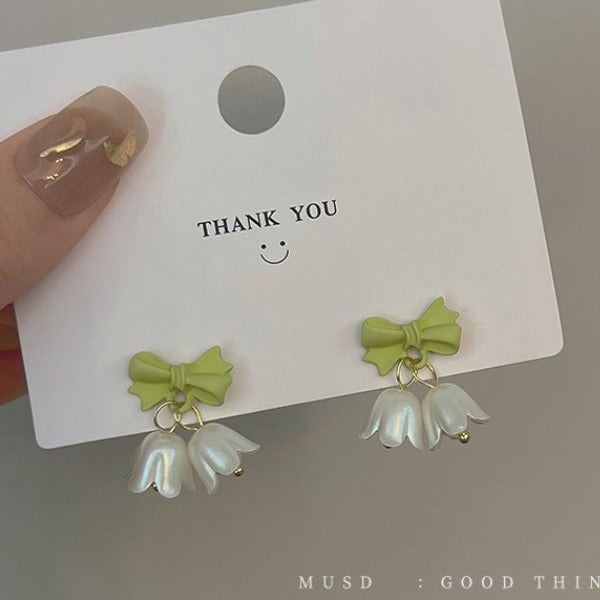 Sier-plated Ear Tulip Flower Green Bow Bell Female Earrings