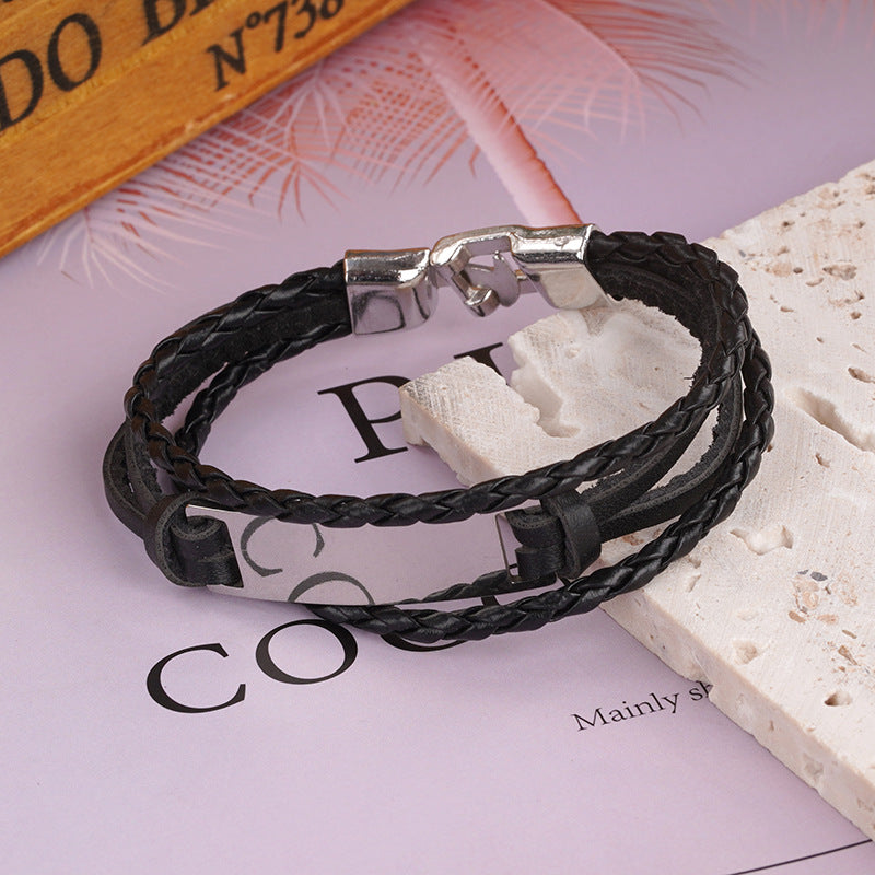 Men's Trendy Simple Woven Leather Glossy Personality Lettering Bracelet