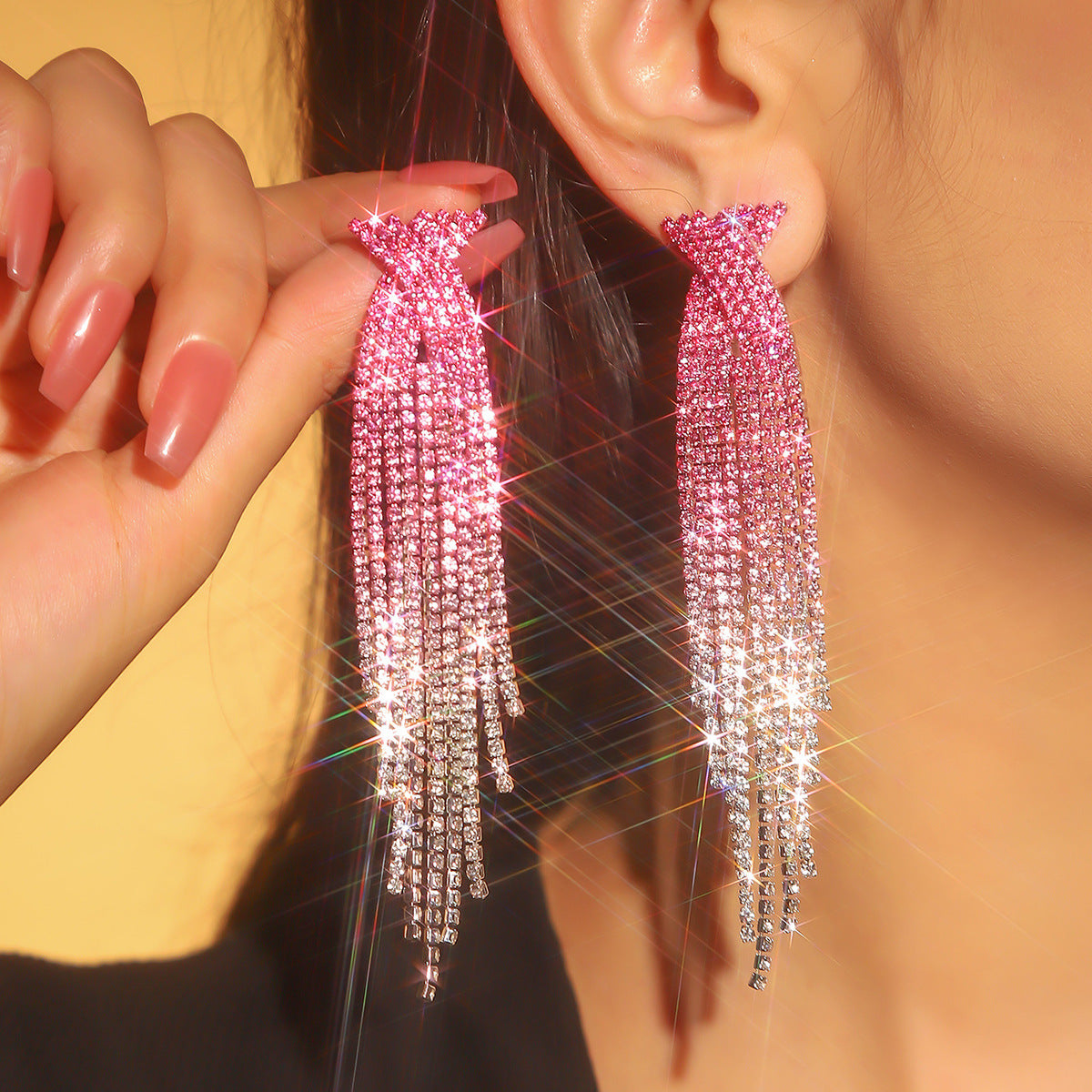 Semicircle Blue Tassel Rhinestone Long Ear Earrings
