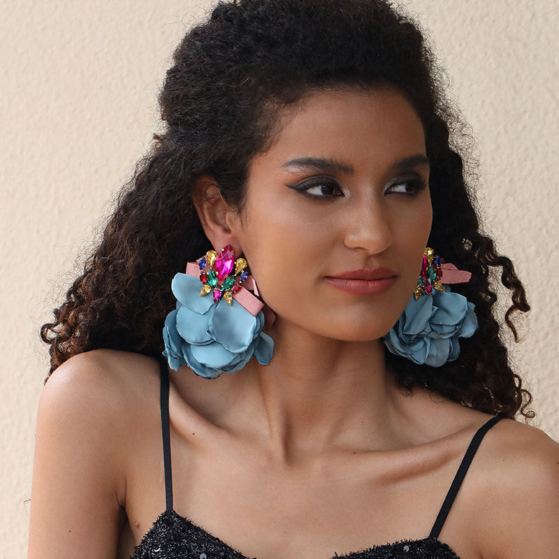 Handmade Fabric Crystal Flower Fashion Exaggerating Eardrops Earrings