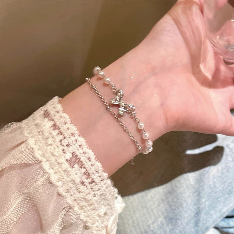 Women's Exquisite Sterling Sier Snake Bones Chain Ball Stitching Asymmetric Light Bracelet