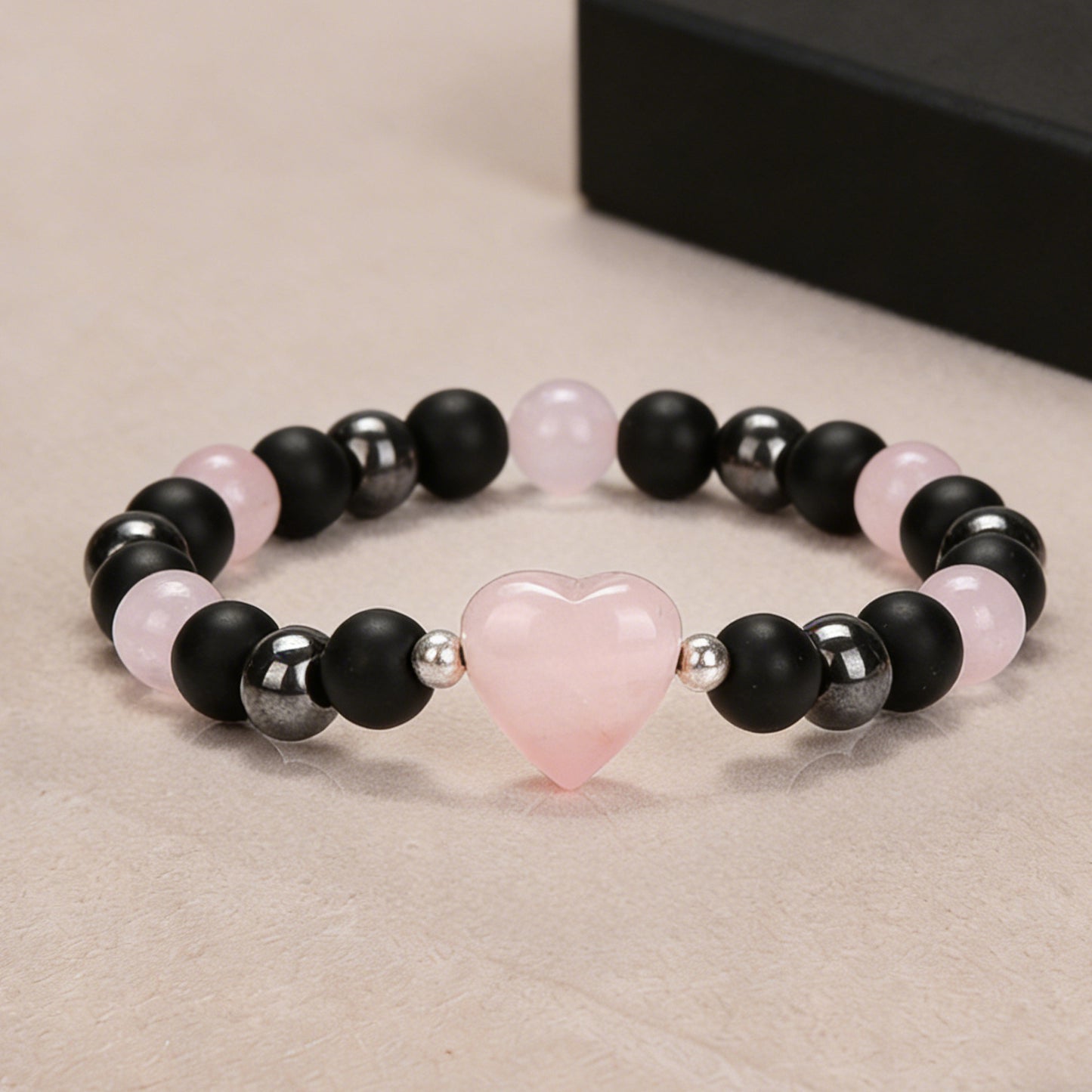 Tigereye Pink Crystal Small Peach Heart Black Stone Magnet Bracelet
