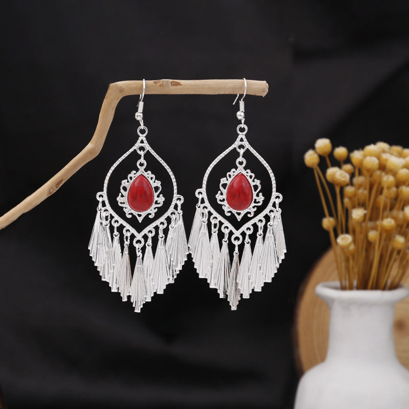 Miao Sier Colorful Long Feather Tassel Rings