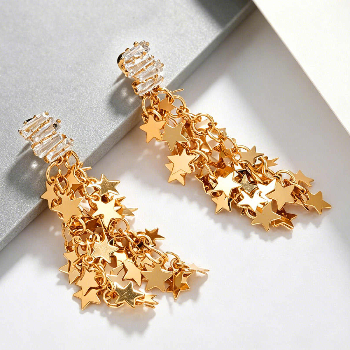 Trendy Inlaid Zirconium Pentagram Long Super Fairy Tassel Stud Earrings