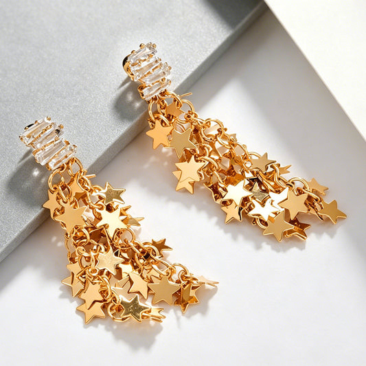 Trendy Inlaid Zirconium Pentagram Long Super Fairy Tassel Stud Earrings