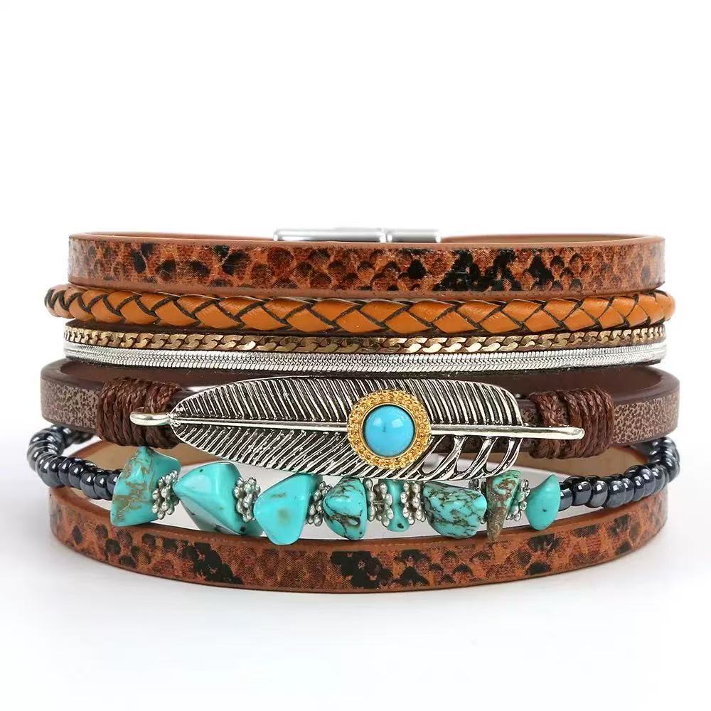 Women's Bohemian Style Gravel Feather Leather For Bracelet