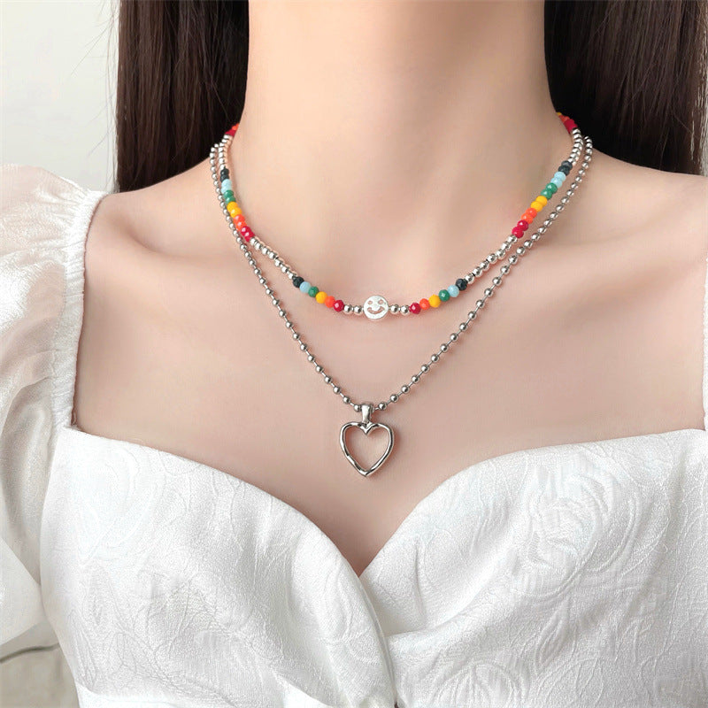 Colorful Beaded Double Layer Twin Love Sweater Female Necklace