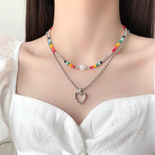 Colorful Beaded Double Layer Twin Love Sweater Female Necklace