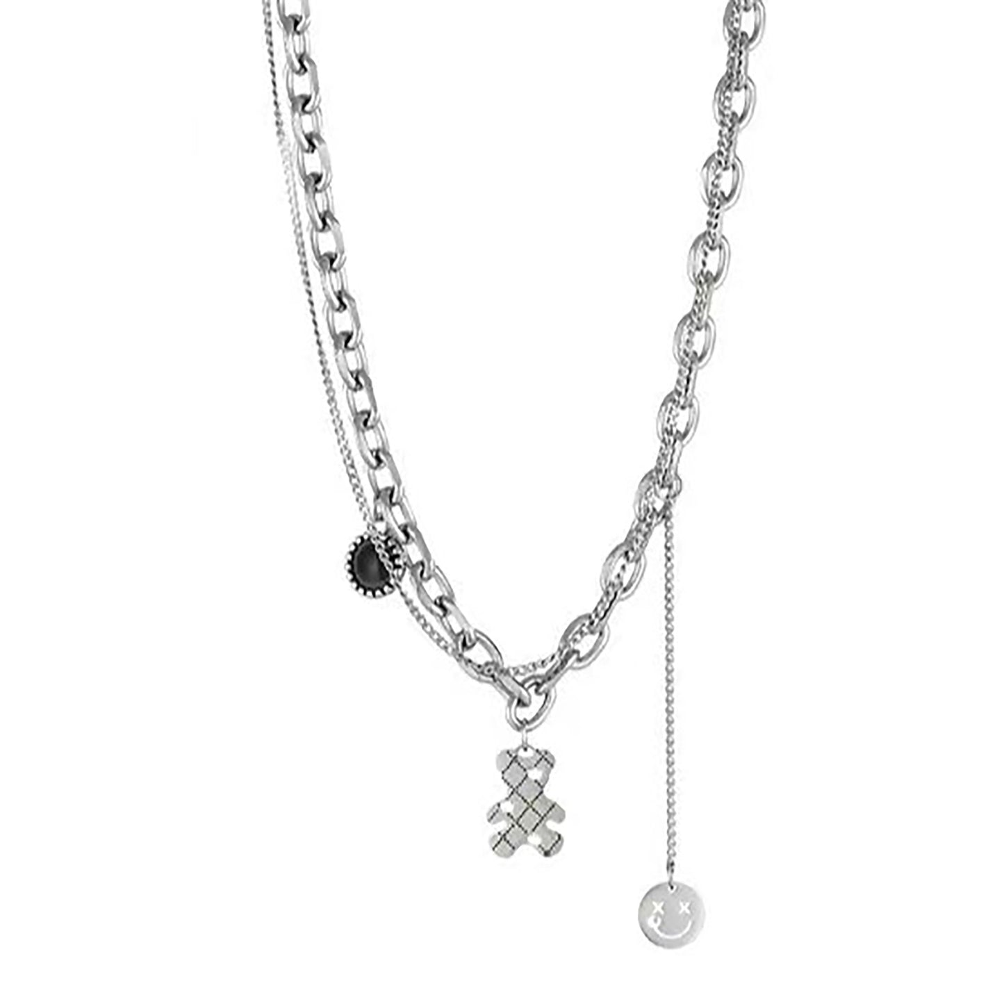 Double Layer Black Onyx Bear Female Hip Hop Smiley Face Necklace