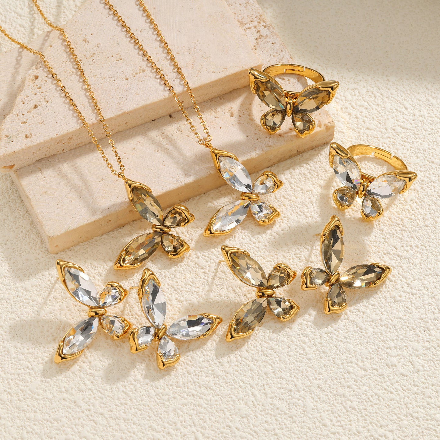 Women's Luxury Zircon Butterfly Gold Fashion Elegant Stainless Steel Jewelry Set