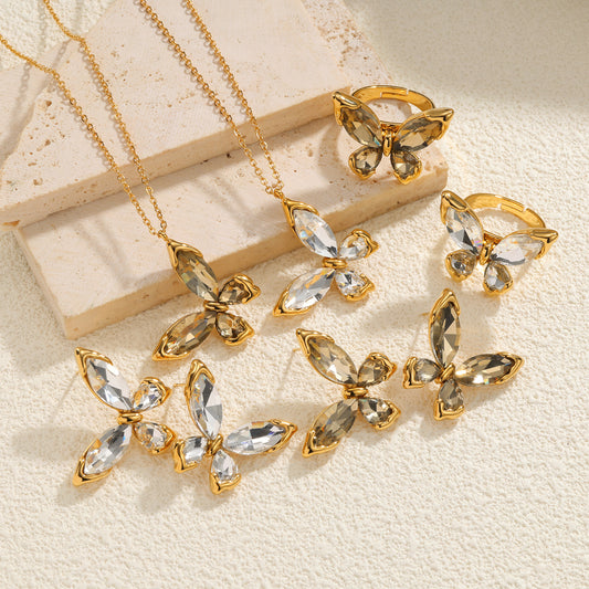 Women's Luxury Zircon Butterfly Gold Fashion Elegant Stainless Steel Jewelry Set