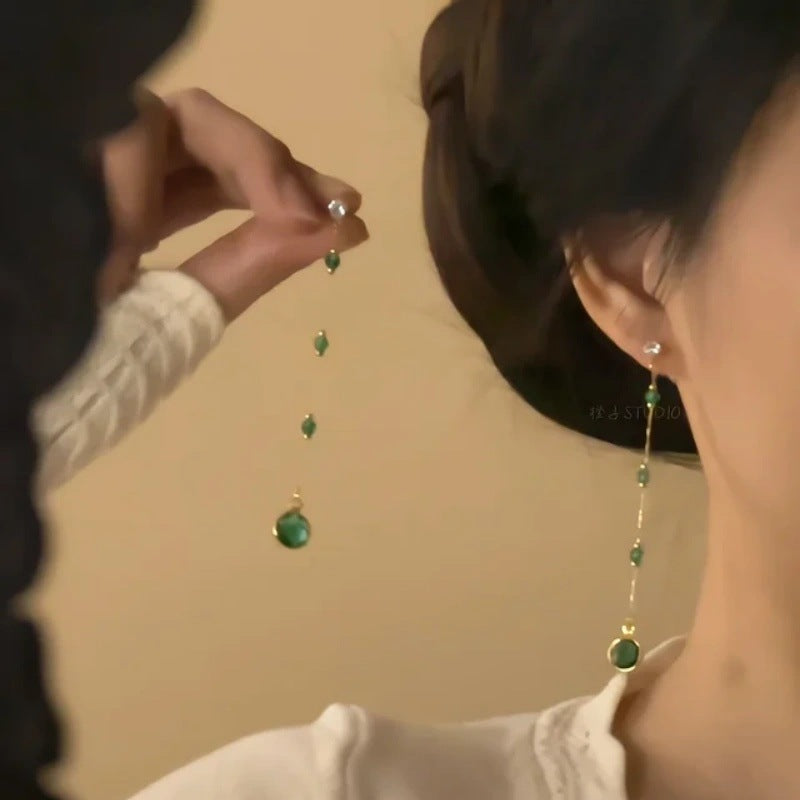 Women's Chinese Style National Burning Blue Beads Long Fringe Niche Retro Earrings