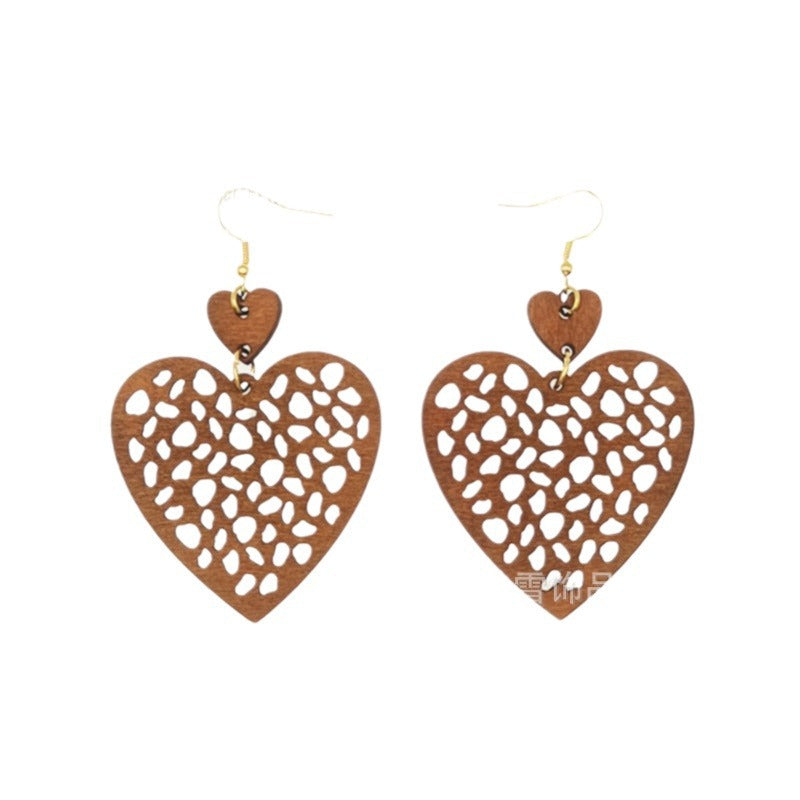 Bohemian Vintage Mesh Cut Wood Piece Geometric Heart Earrings