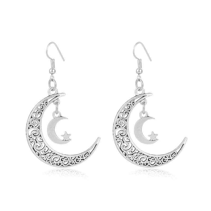 Bohemian Vintage Sun Moon Moonstone Asymmetric Alloy Earrings