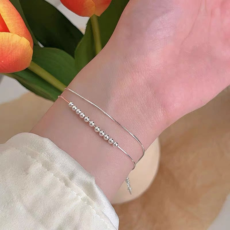 Women's Exquisite Sterling Sier Snake Bones Chain Ball Stitching Asymmetric Light Bracelet