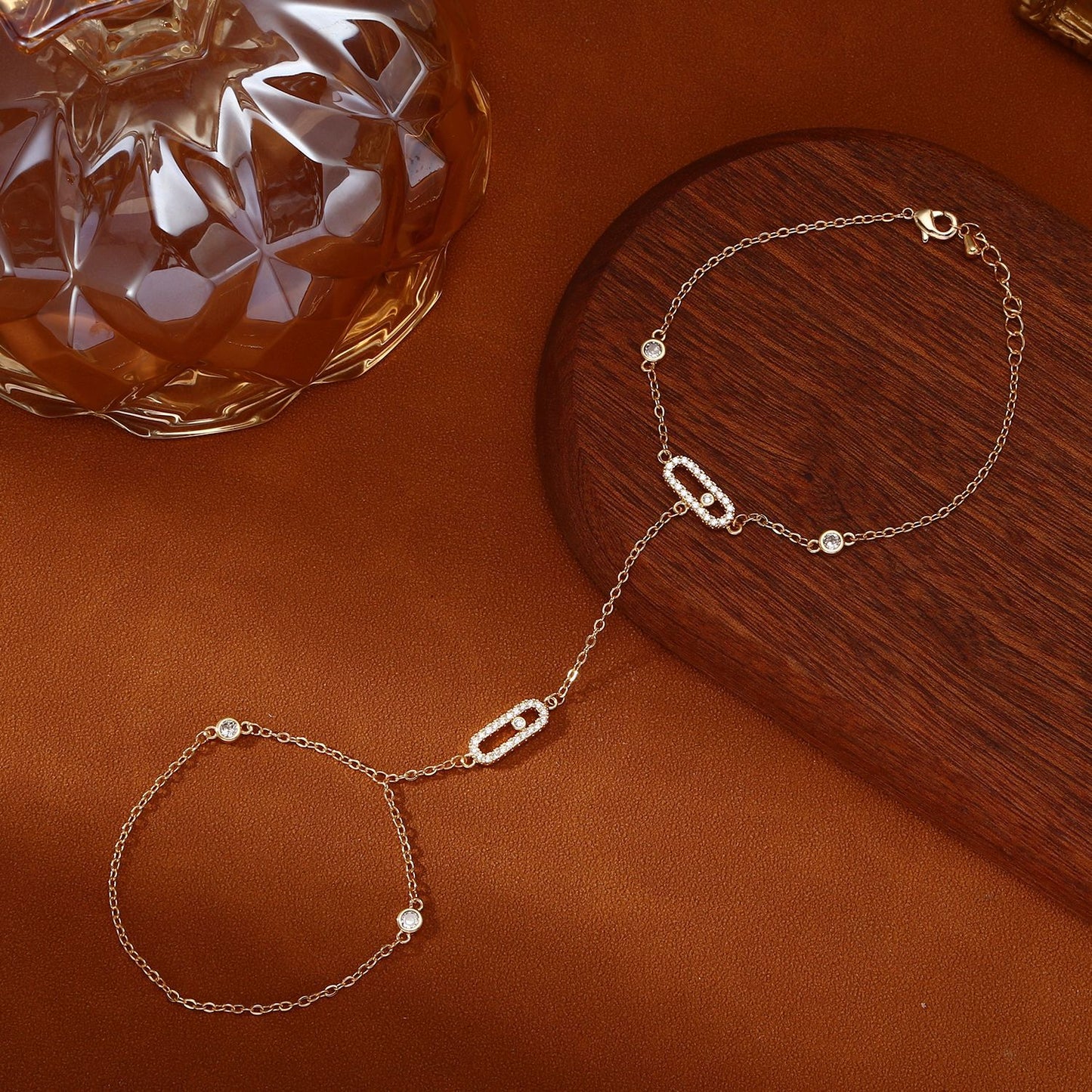 Finger Zircon Copper Plated Real Gold Simple Chain Integrated Rings