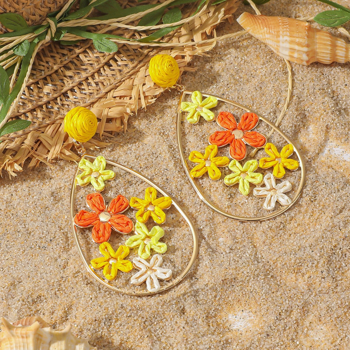 Personalized Creative Metal Hollow Flower Hand-woven Drop Shape Earrings