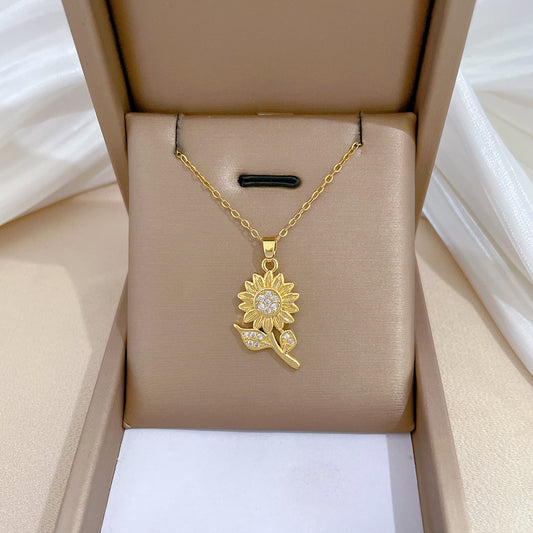 Women's Steel Sunflower Zircon Light Luxury Temperament Gorgeous Full Necklaces
