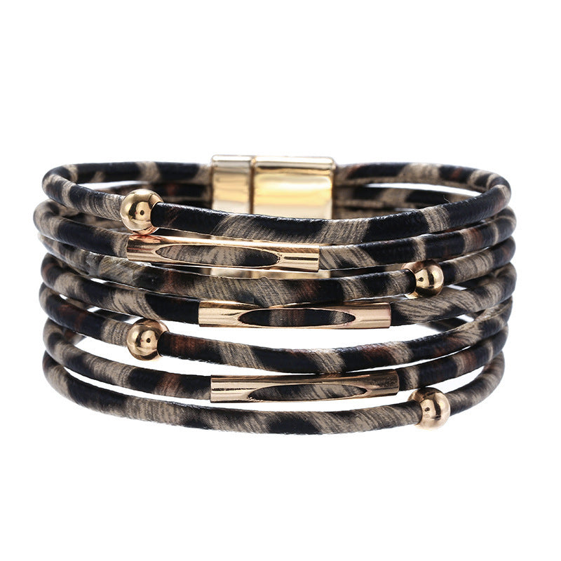Print Magnetic Buckle Leather String Beads Rope Bracelets