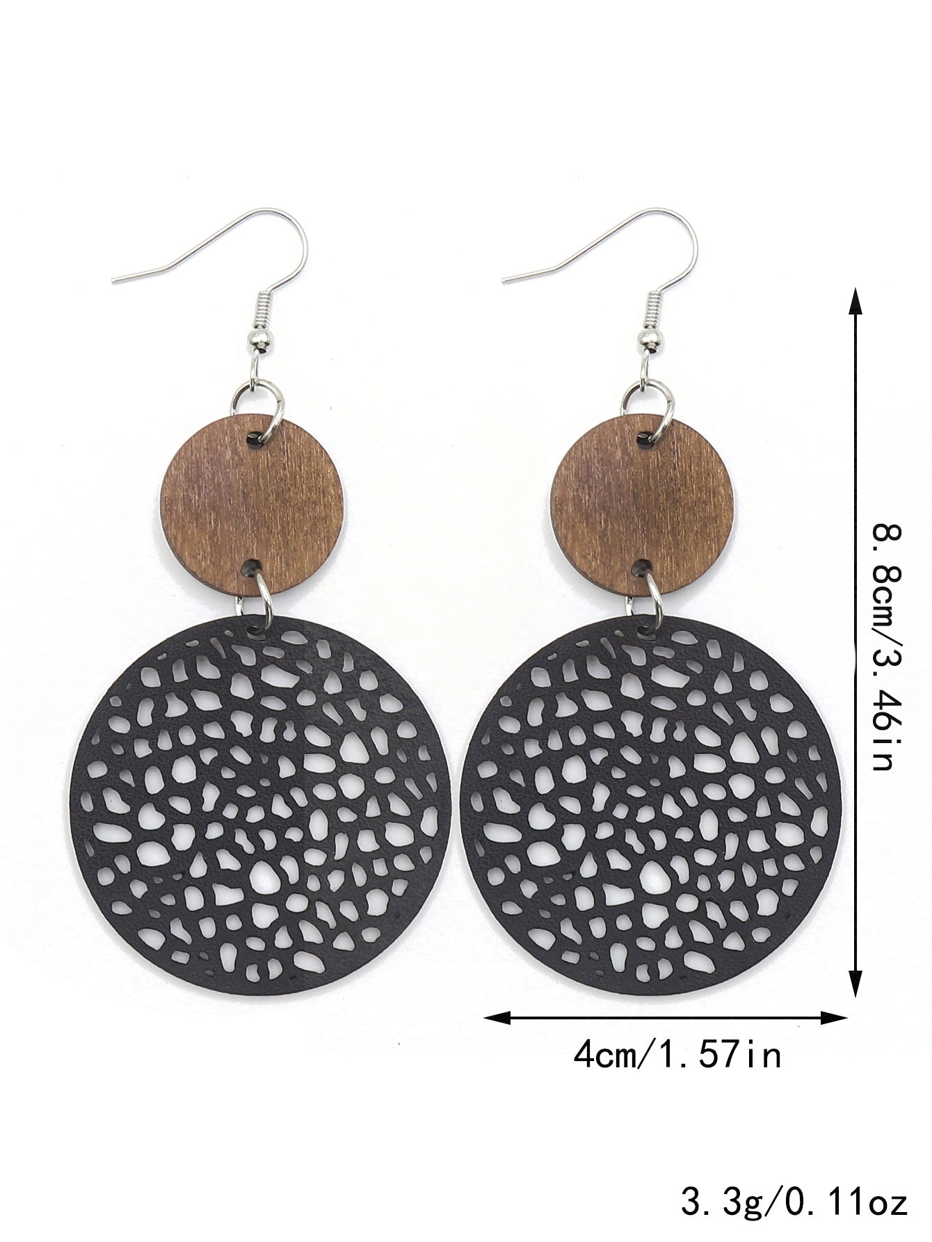 Hollow Wood Piece Combination Leather Round Mesh Earrings