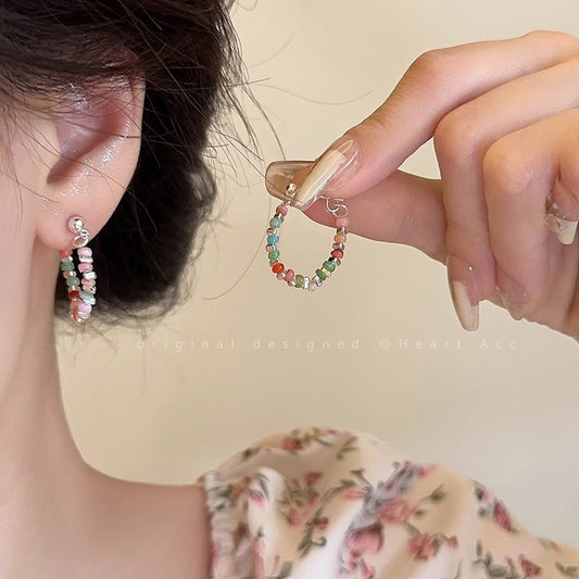 Dopamine Colorful Beaded Sier Female Light Luxury Earrings