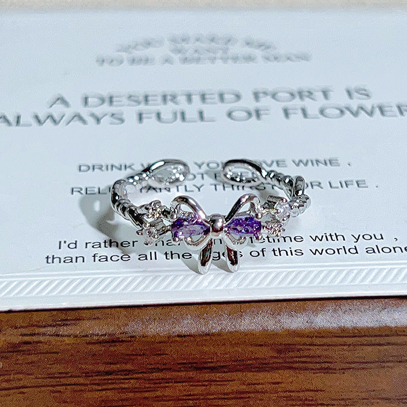 Purple Zirconium Bow Open Sweet Cool Niche High Ring