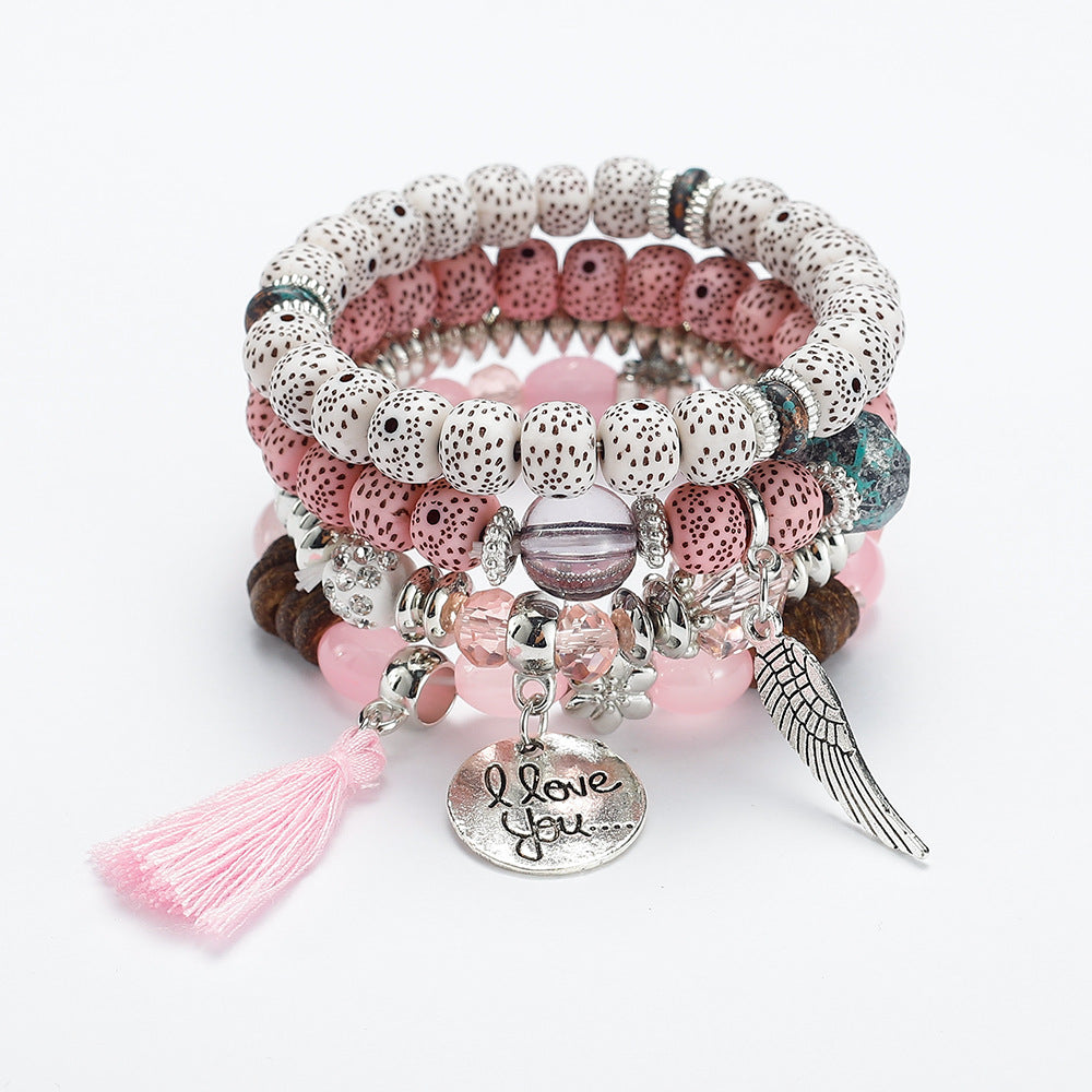 Combination Buddha Beads Simple Disc Heart Wings Tassel Bracelet