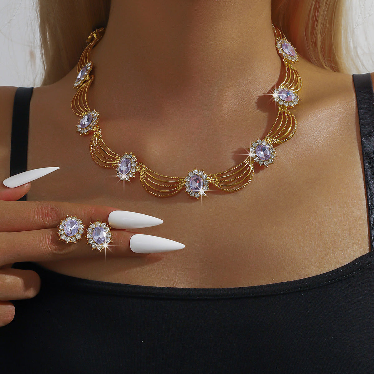 Black Onyx Ear Light Luxury Elegant Clavicle Jewelry Set