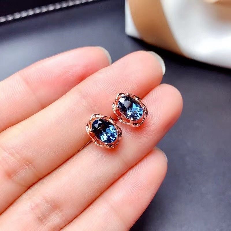 Women's Simple Fresh Simulation Red Garnet Sea Blue Topaz Colored Earrings