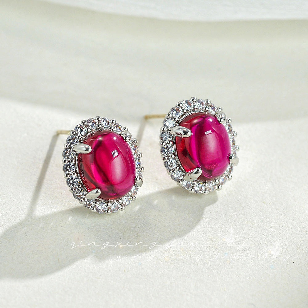 Needle Natural Iced Green Chalcedony Red Corundum Ear Clip Big Rings