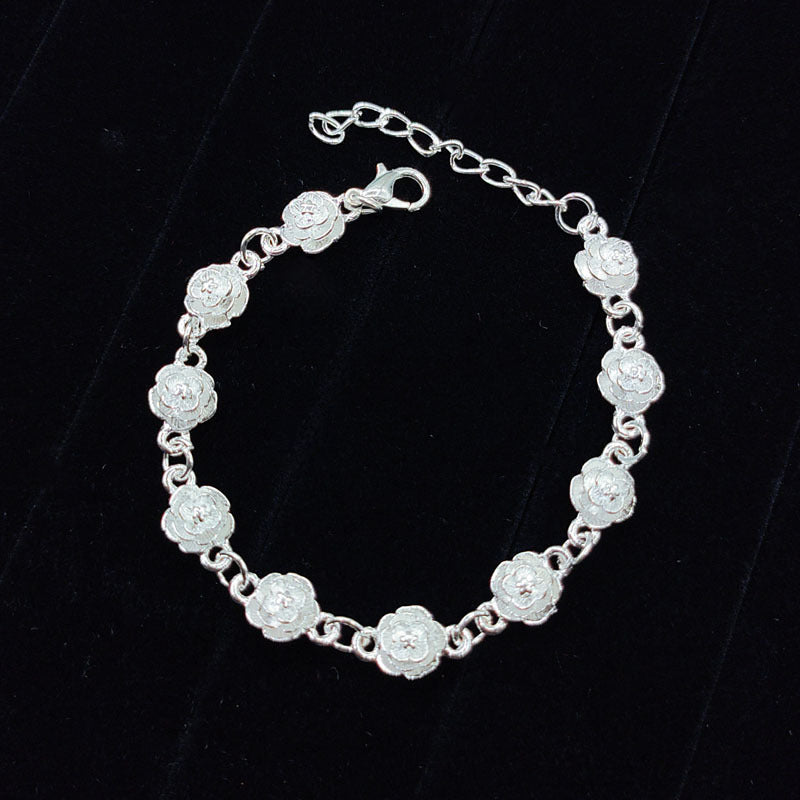 Vintage Sweater Chain Long Rose Flower Brushed Sier Plated Tourist Jewelry Set