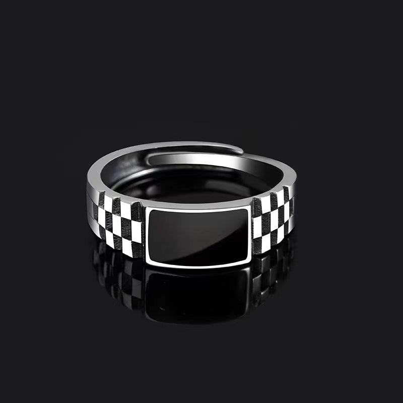 Sier Personality Fashion Drop Oil Plaid Punk Ring