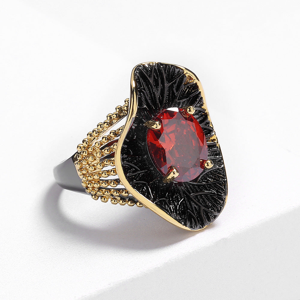 Irregular Black Gold Red Zircon Bohemian Ring