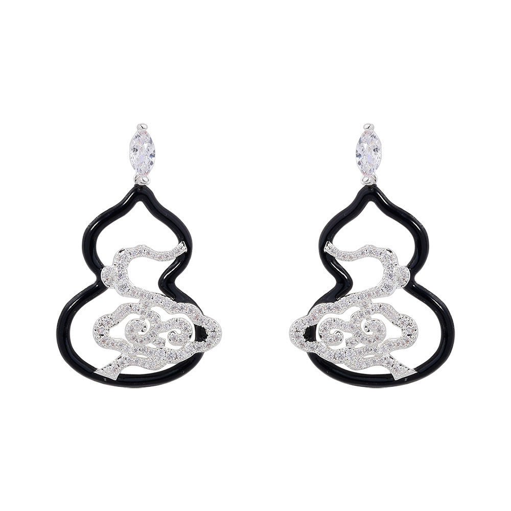 Full Diamond Auspicious Clouds Black Oil Dripping Gourd Earrings