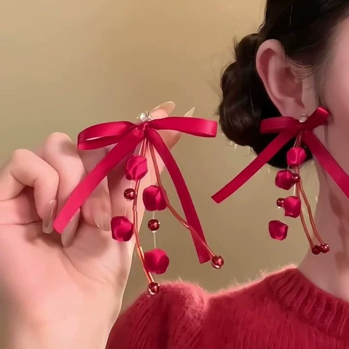 Women's Style Red Bow Flower Tassel Hairpin Special Jewelry Set