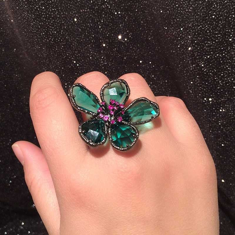 Women's Fashion Exaggerated Alloy Flower Light Luxury Minority Design Open Rings