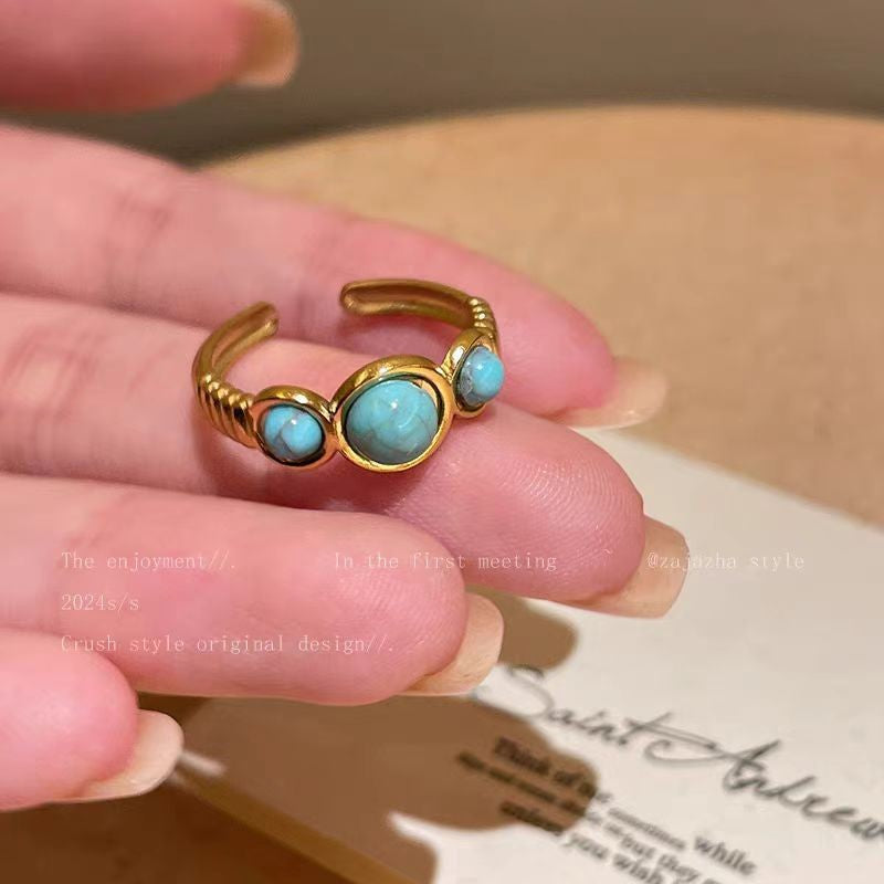 Personality Vacuum Plating Golden Flower Turquoise Ring