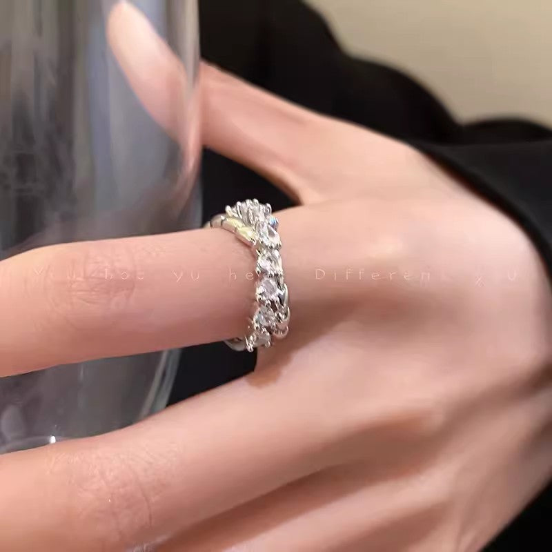 Light Luxury Cross Rhinestone Heart-shaped Open Female Design Fashionable Index Ring