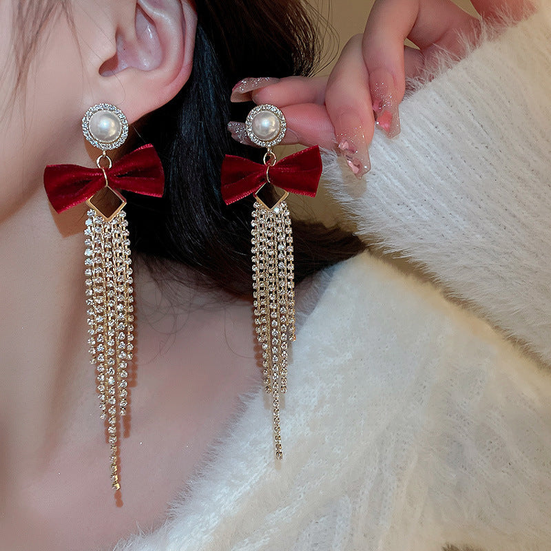 Red Bow Flower Light Luxury Christmas Earrings