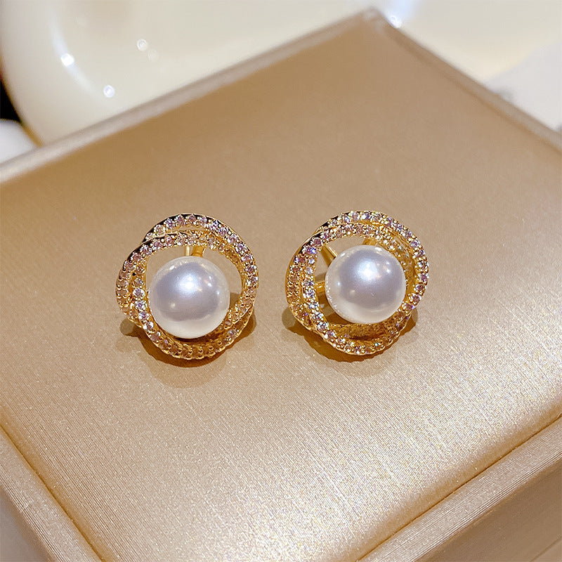 Spiral Pearl Female Niche High-grade Sterling Sier Needle Light Earrings
