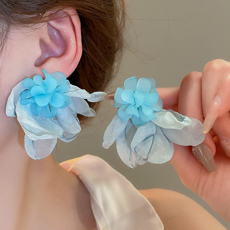 Women's Fresh Blue Fabric Flower Tassel Seaside Vacation Style Light Stud Earrings