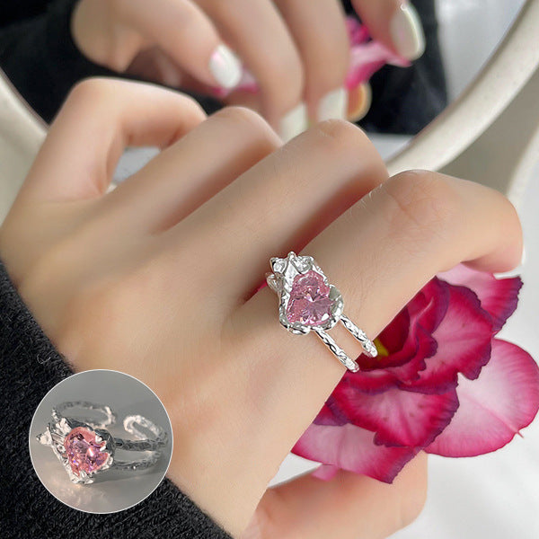 Pink Loving Heart Zircon Female Twin Elegant Sier Rings