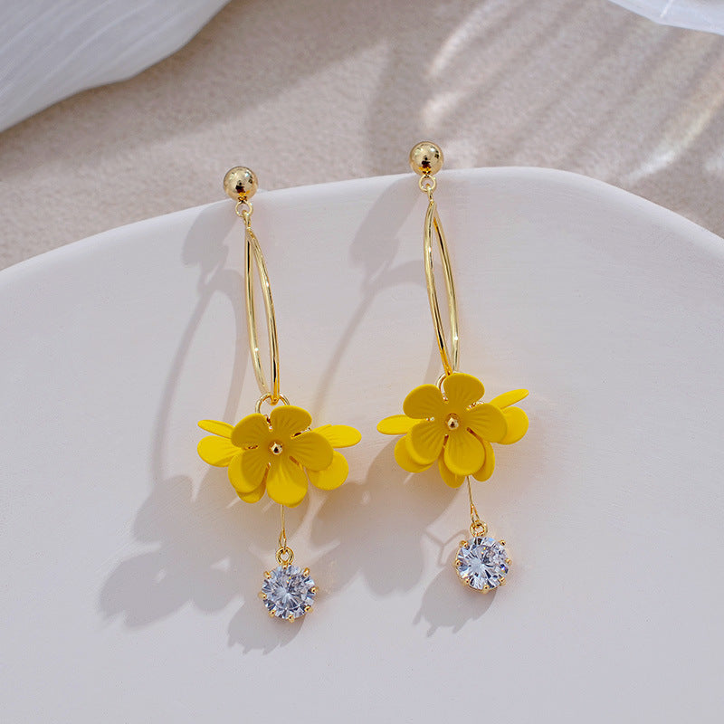 Women's Fashion Sier Fairy Flower Long Sweet Tassel Yellow Rings