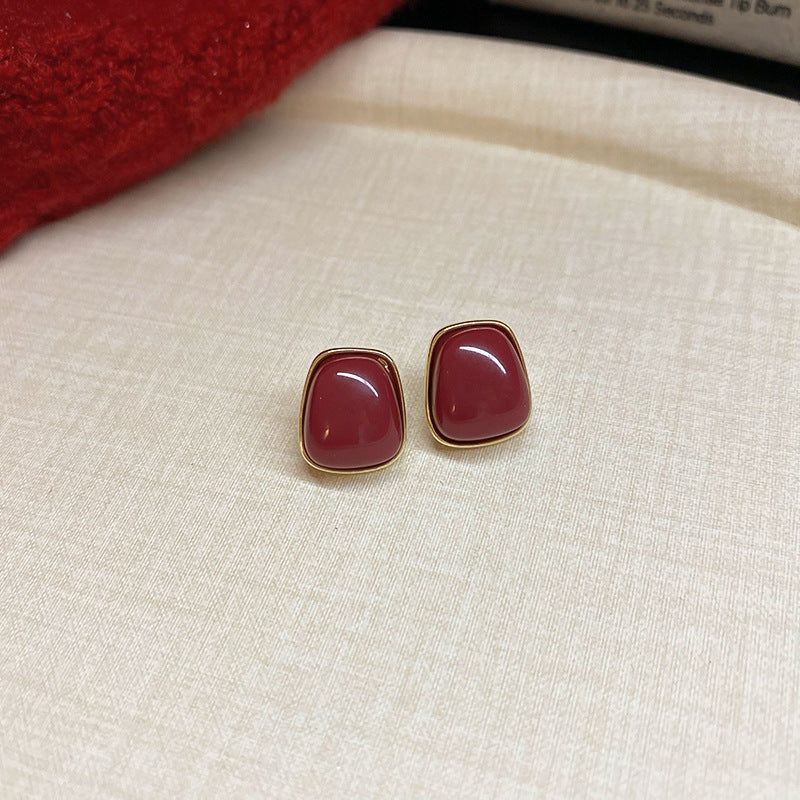 Women's Sier Needle Red Geometric Ear Korean Earrings