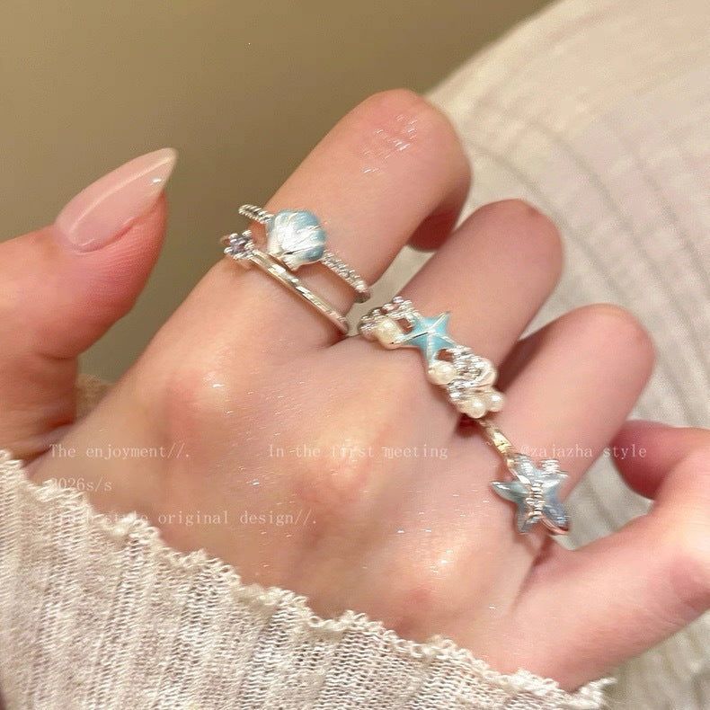 Milk Shell Blue Starfish Open For Ring